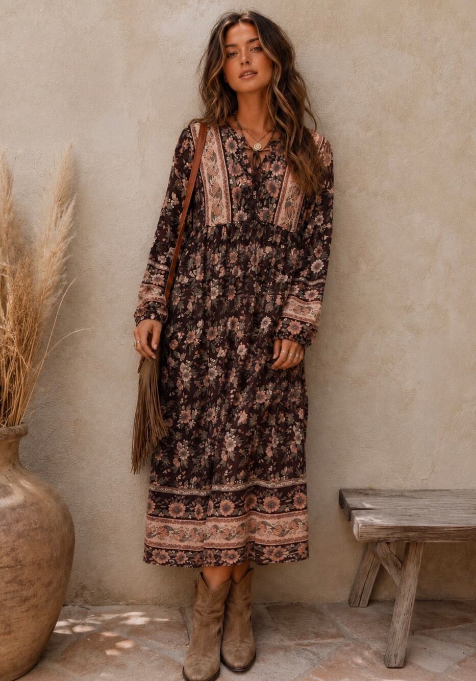 The Fox And The Mermaid Floral V Neck Tassel Midi Dress Multi Size Small/Medium